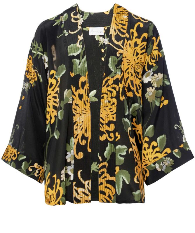 One Hundred Stars Chrysanthemum Black Crepe Kimono