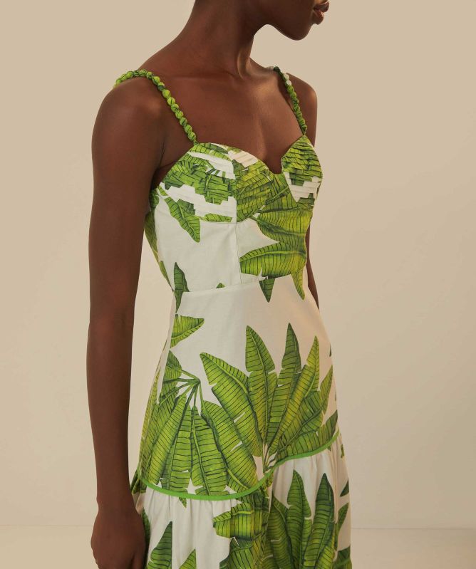 FARM Rio Off-White Palm Fan Midi Dress