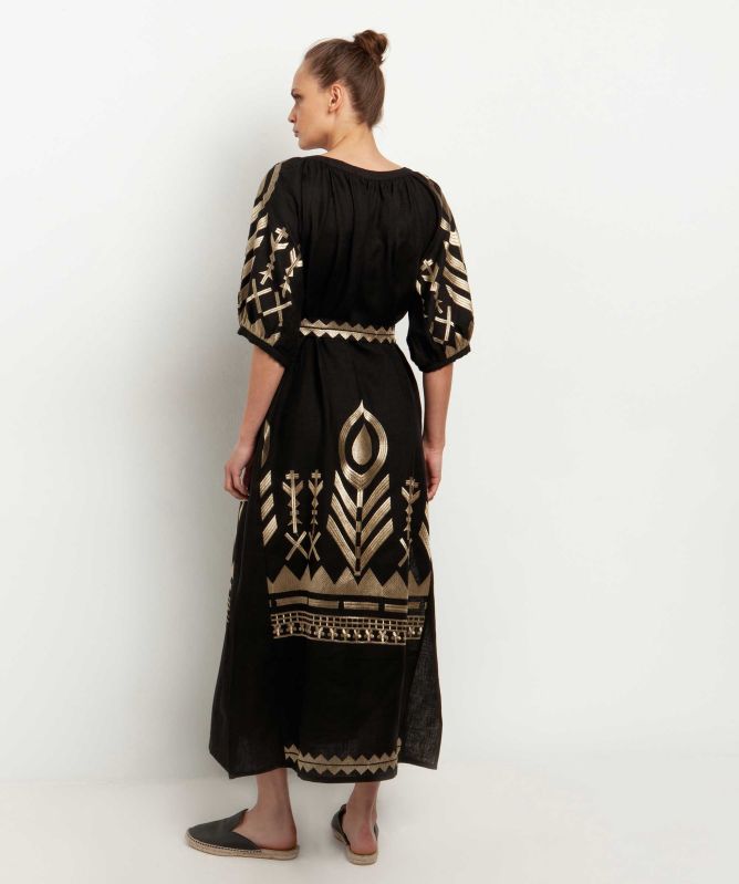 Greek Archaic Kori Feather Puff Sleeve Midi Dress