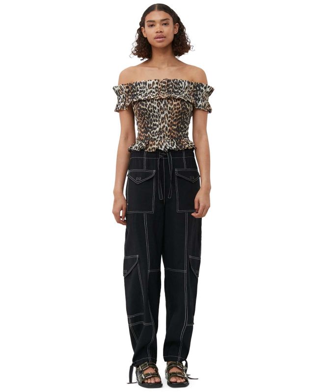 GANNI Voile Off-Shoulder Leopard Print Smock Top