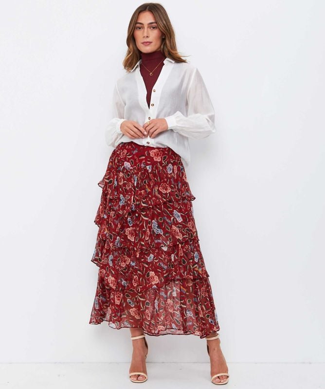 RIXO Taryn Tiered Midi Skirt