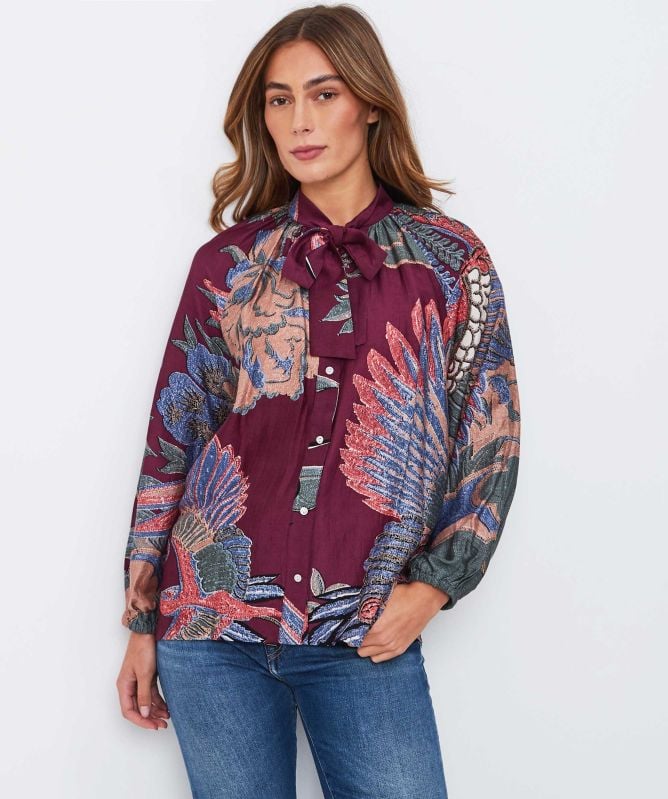 One Hundred Stars Crane Plum PussyBow Blouse