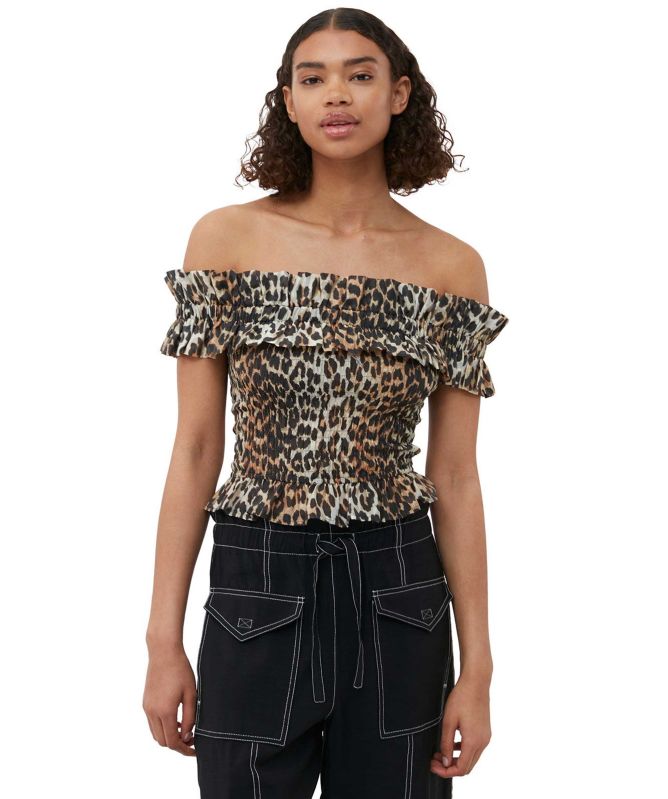 GANNI Voile Off-Shoulder Leopard Print Smock Top