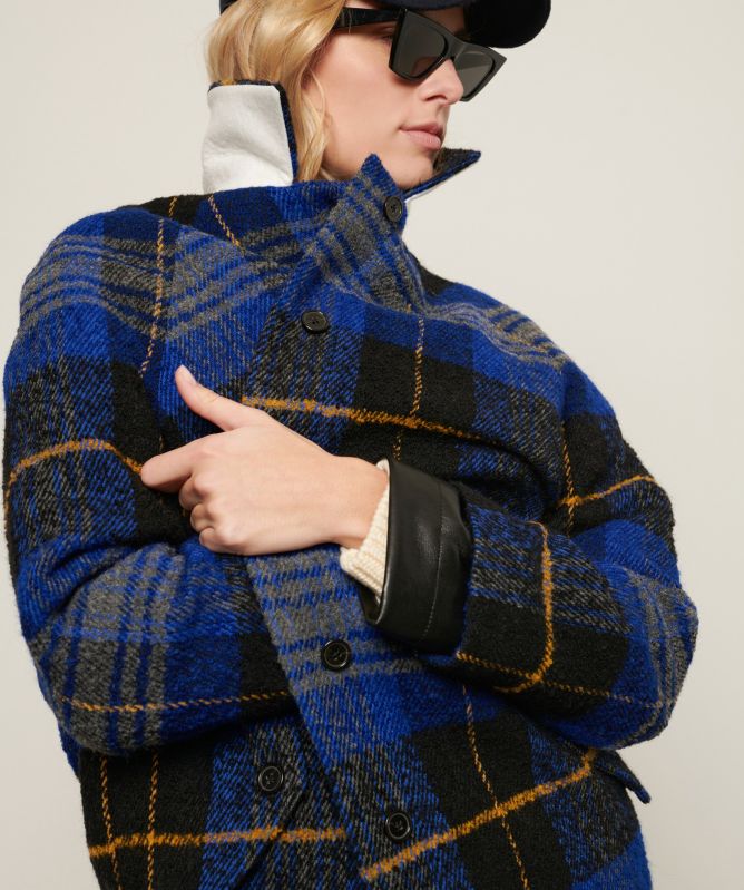 Veste Laine Mélangée Tartan Marine Et Jaune - Taille 12 - Style Vintage