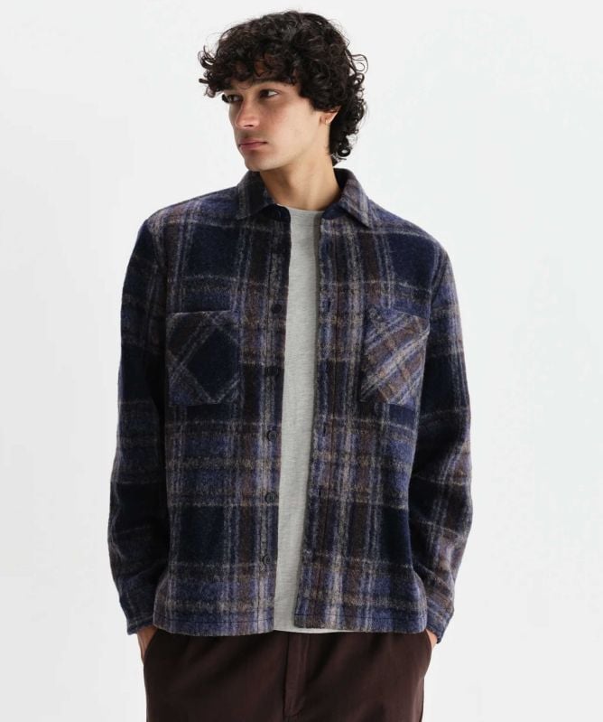 Wax London Wool Check Whiting Overshirt