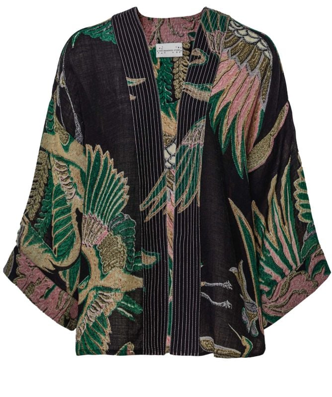 One Hundred Stars Crane Emerald Wool Kimono