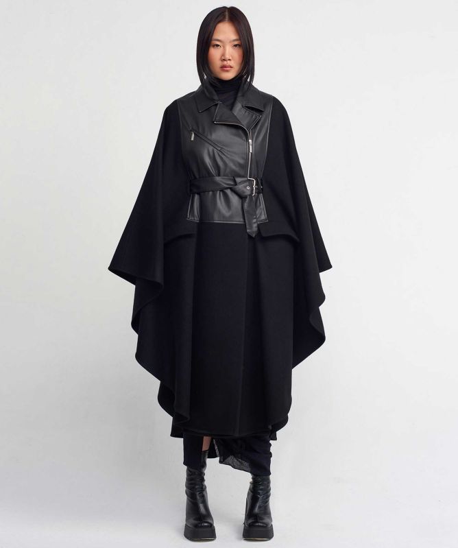 NU London Black Waistcoat Wool Cape Coat