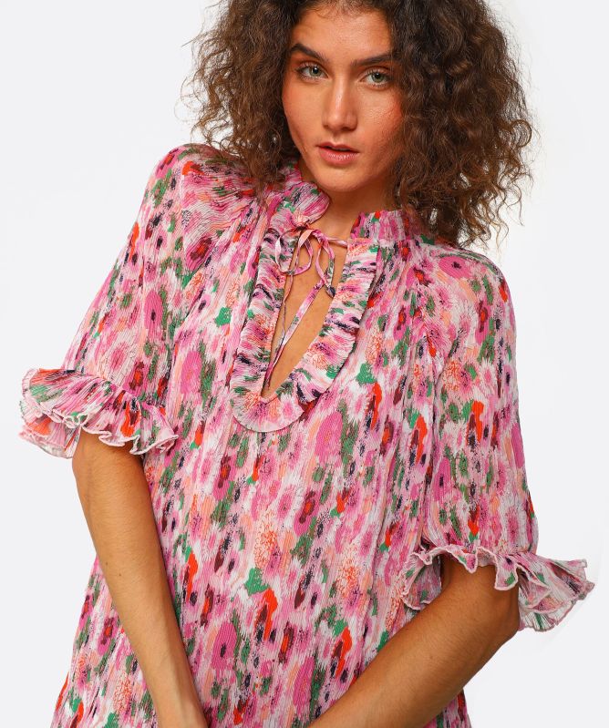 GANNI Pleated Georgette Ruffle Mini Dress