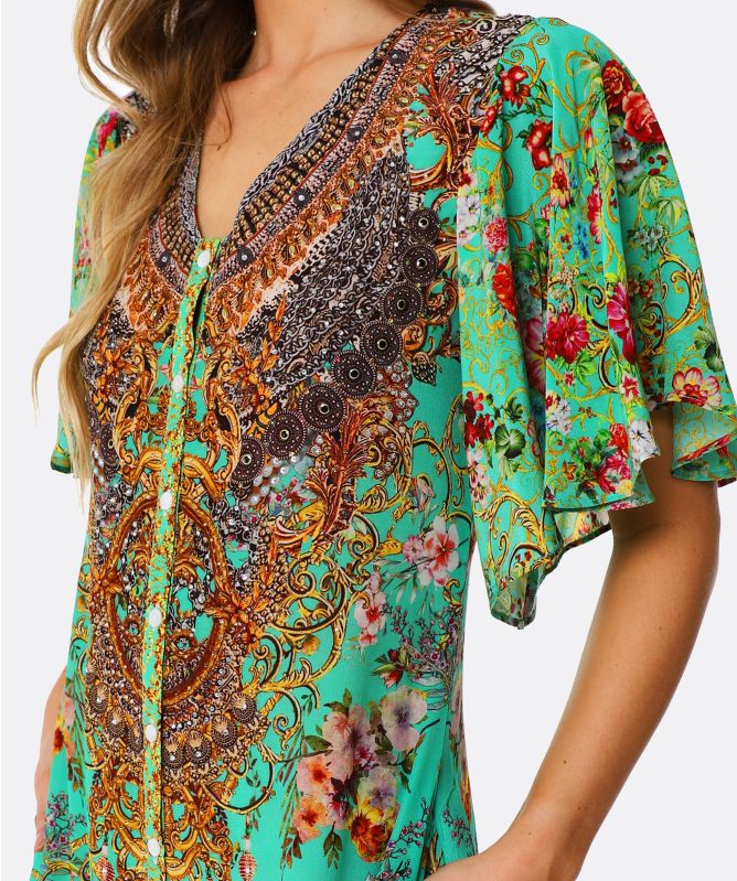 Inoa Chartreuse Silk Frill Sleeve Maxi Dress