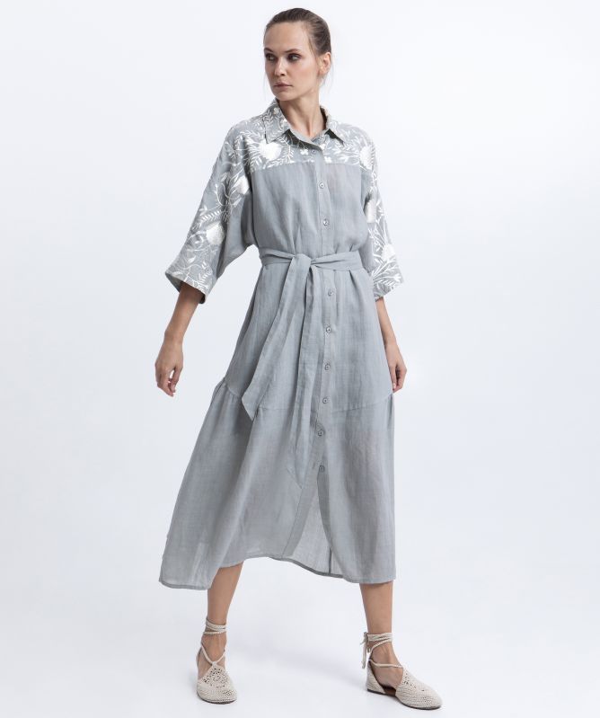 Greek Archaic Kori Blossom Embroidered Shirt Dress