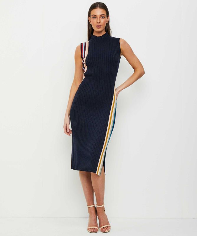 ribbed mock neck midi dress Ramie Ribbed Mock Neck Knit Midi Dress Black / Small