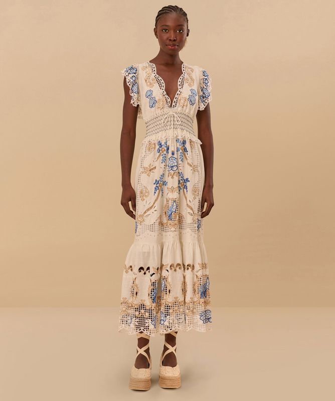 chinese dress ladies Blue Flower Richelieu Euroflax™ Premium Linen Midi Dress – FARM Rio main image 1