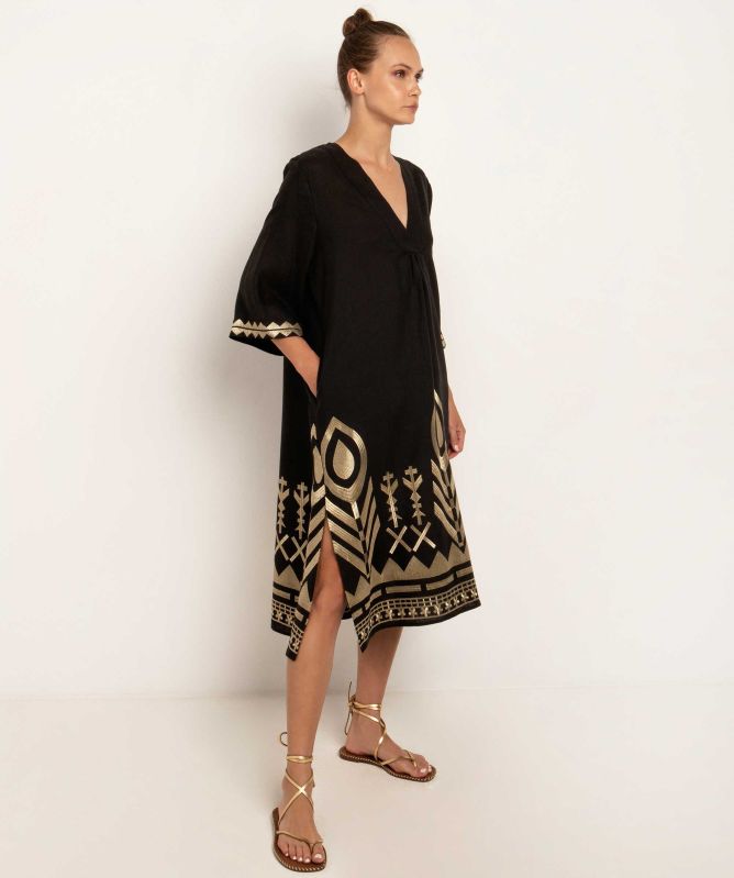 Greek Archaic Kori Feather Embroidered Midi Dress