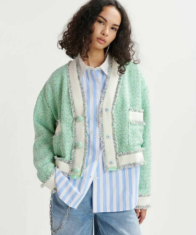 Essentiel Antwerp Hoola Cropped Fringed Tweed Cardigan