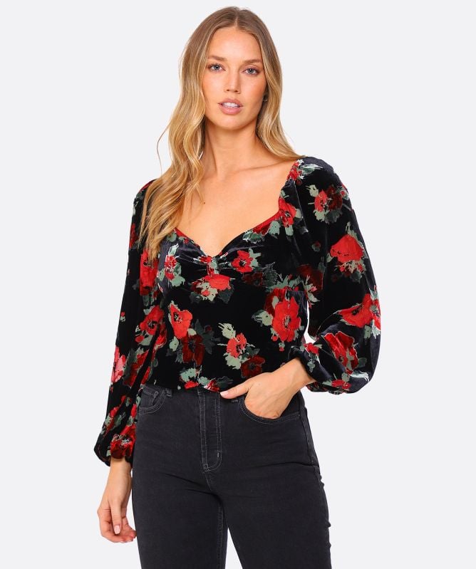 RIXO Bridgette Poppy Velvet Top