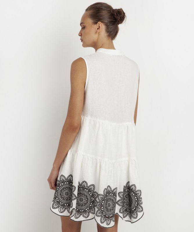 Greek Archaic Kori Linen Embroidered Daisy Sleeveless Dress