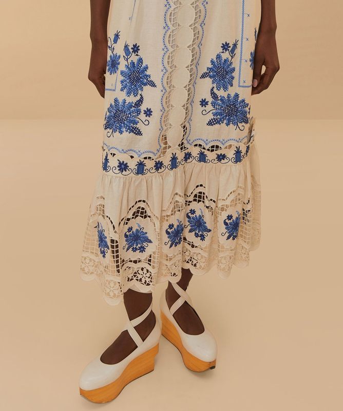 FARM Rio Cross Stitch Richelieu Sunflower Midi Dress