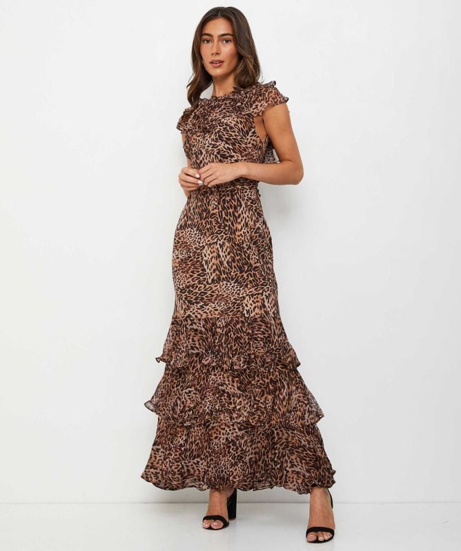 RIXO ★ Rio Animal-Printed High-Neck Tiered Maxi Dress RIXO Rio Animal-Printed High-Neck Tiered Maxi Dress
