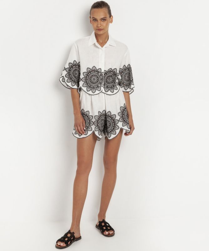 Greek Archaic Kori Linen Embroidered Daisy Shirt