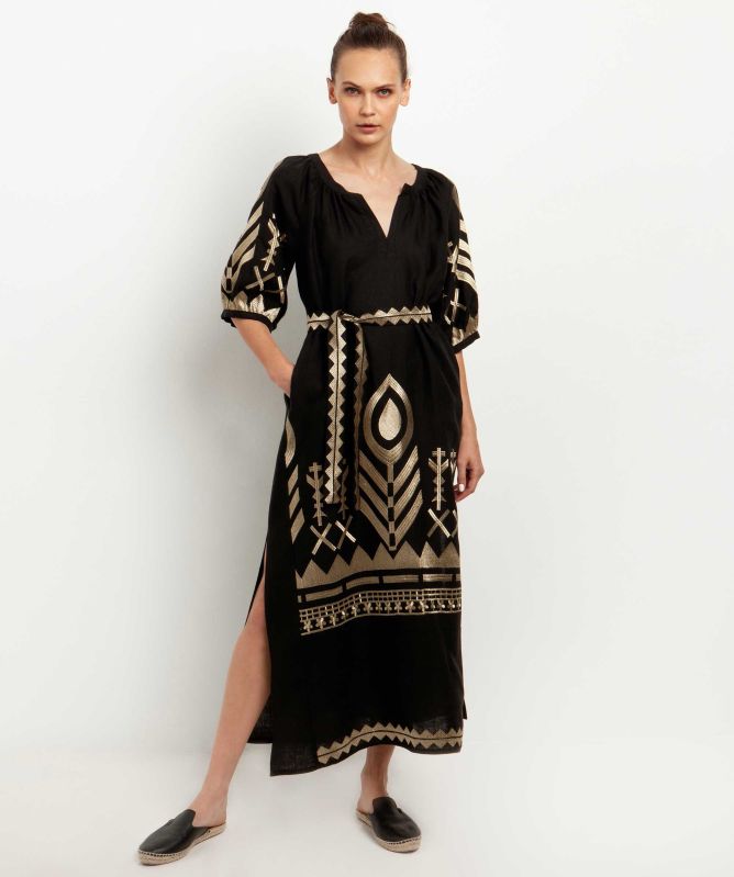 Greek Archaic Kori Feather Puff Sleeve Midi Dress