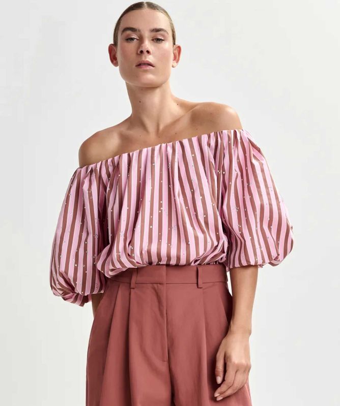 Essentiel Antwerp Rhinestone Gathered Puff Sleeve Bodysuit