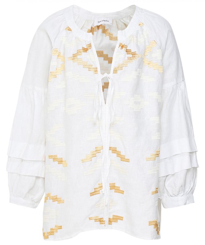 Greek Archaic Kori Rhombus Embroidered Linen Top
