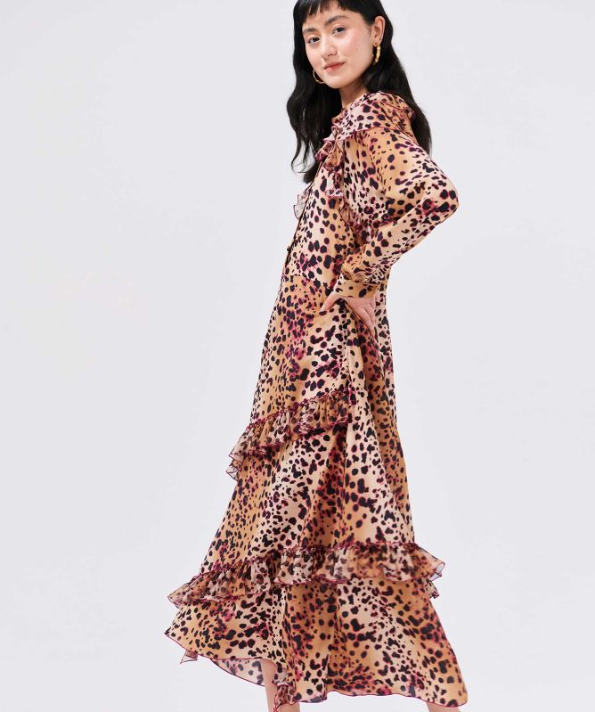 Hayley Menzies Cheetah Frill Silk Shirt Dress