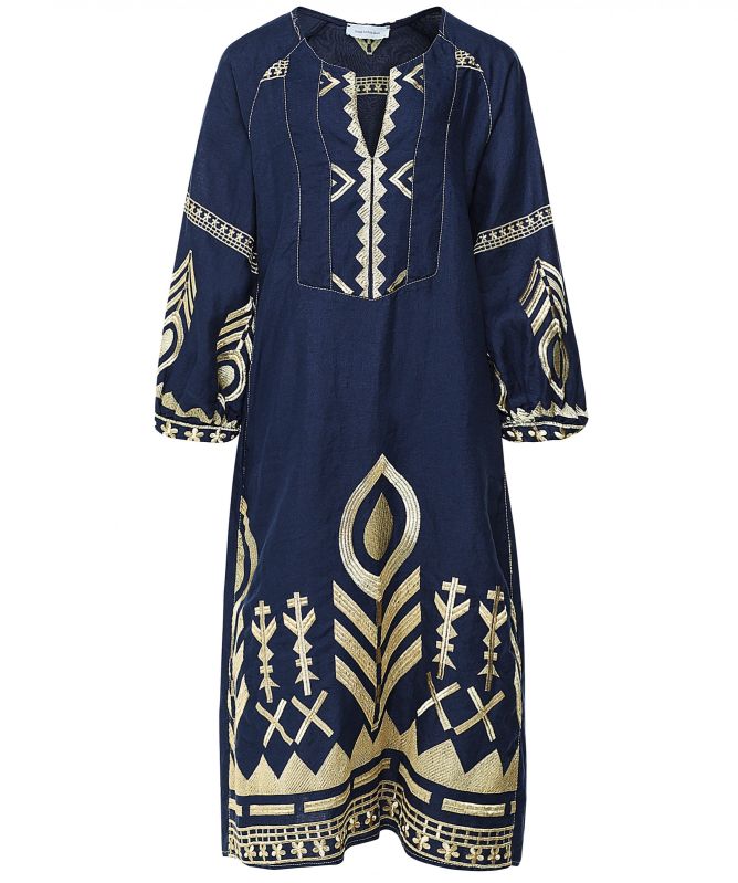 Greek Archaic Kori Embroidered Linen Long Sleeve Midi Dress