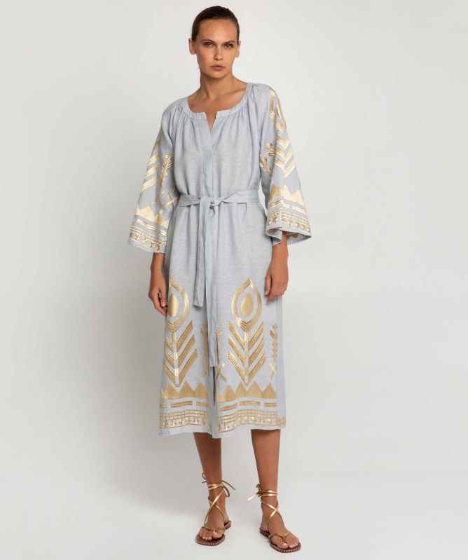 Greek Archaic Kori Linen Belted Feather Dress