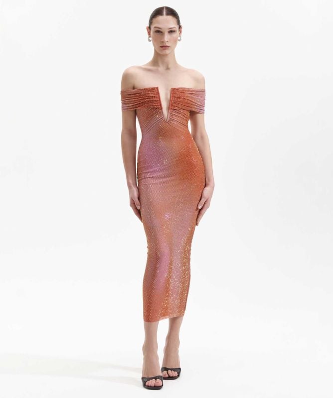 Self-Portrait Printed Mesh Rhinestone Midi Dress