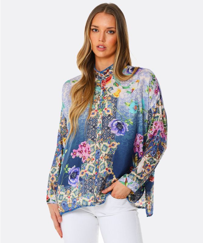 Johnny Was Elton Silk Button Down Blouse