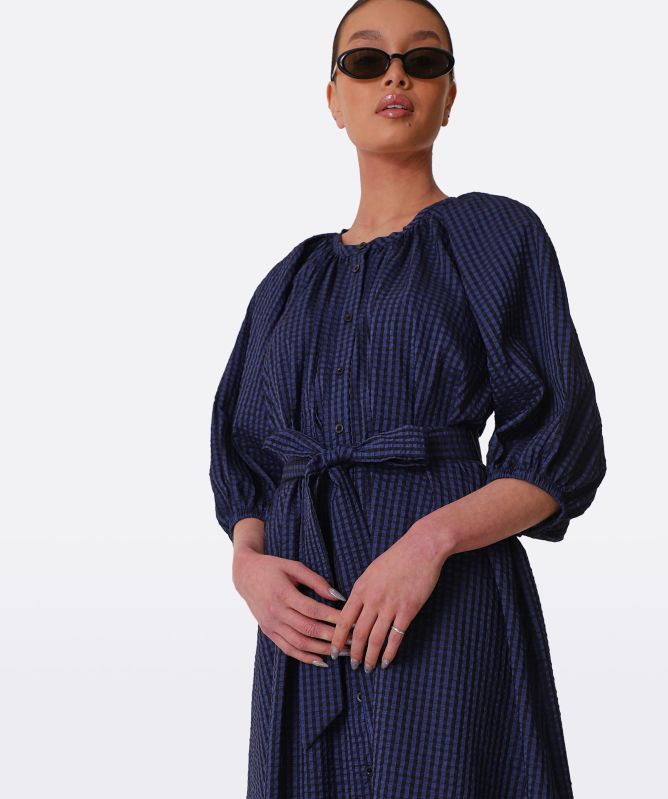 Aligne Hibiscus Navy Seersucker Maxi Dress