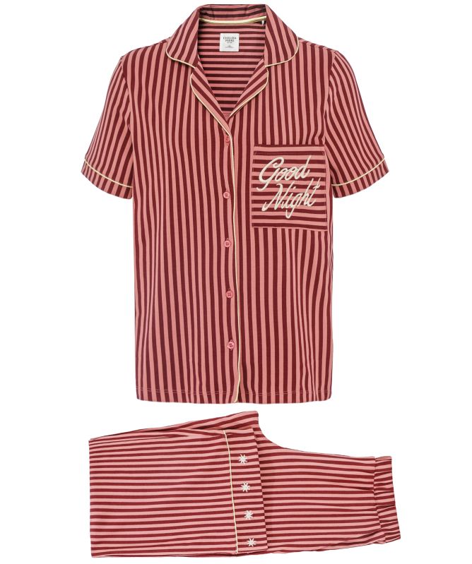 Chelsea Peers Embroidered Good Night Stripe Long Pajamas