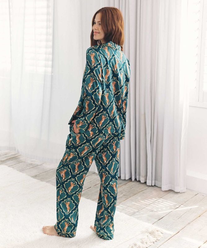 Chelsea Peers Satin Gilded Tiger Print Long Pyjamas