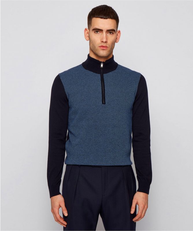 BOSS Virgin Wool Cotton Half-Zip Ponzio Sweater