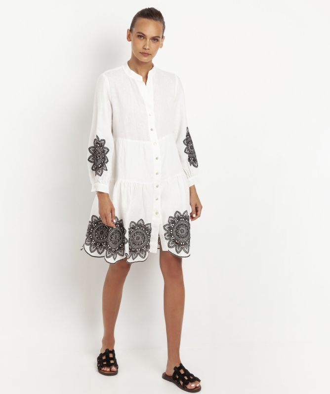 Greek Archaic Kori Linen Embroidered Daisy Mini Dress