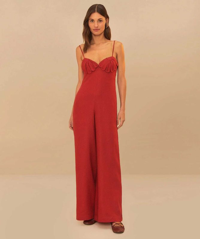 FARM Rio Red Petals Bodice Linen Jumpsuit