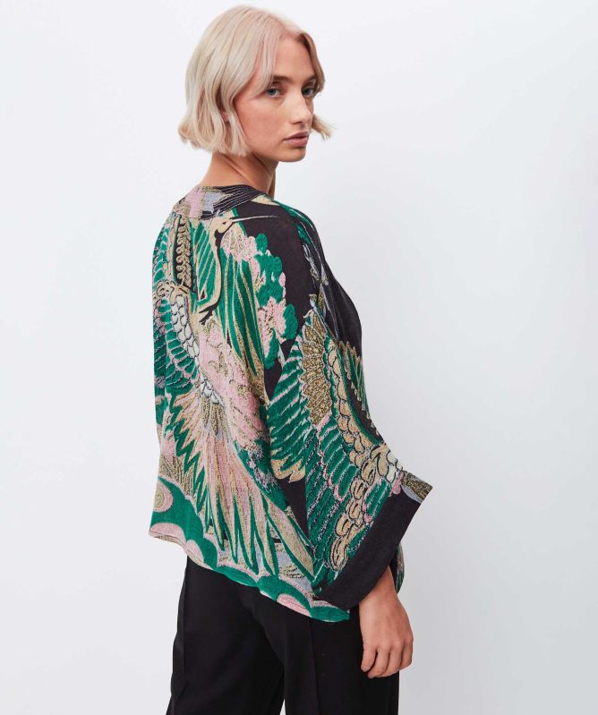 One Hundred Stars Crane Emerald Wool Kimono