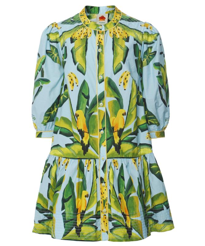 FARM Rio Blue Summer Foliage Scarf Mini Dress