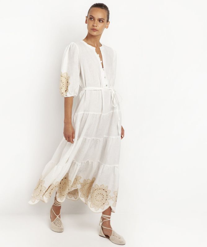 Greek Archaic Kori Linen Embroidered Daisy Midi Dress