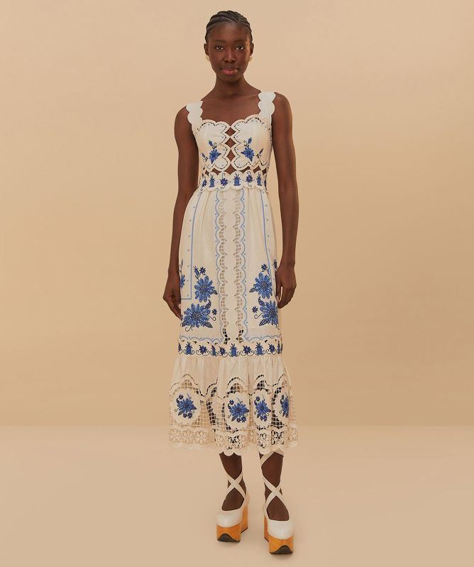 FARM Rio Cross Stitch Richelieu Sunflower Midi Dress