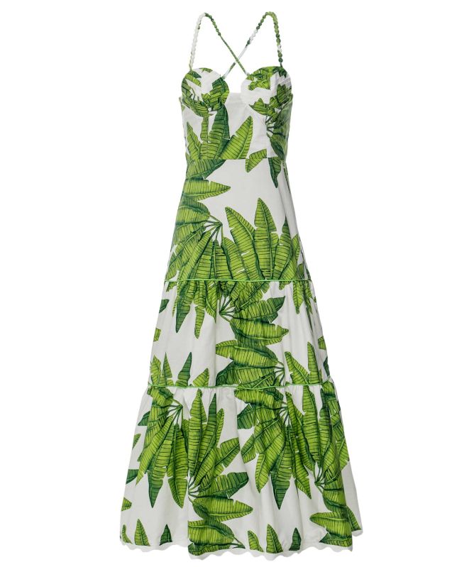 FARM Rio Off-White Palm Fan Midi Dress