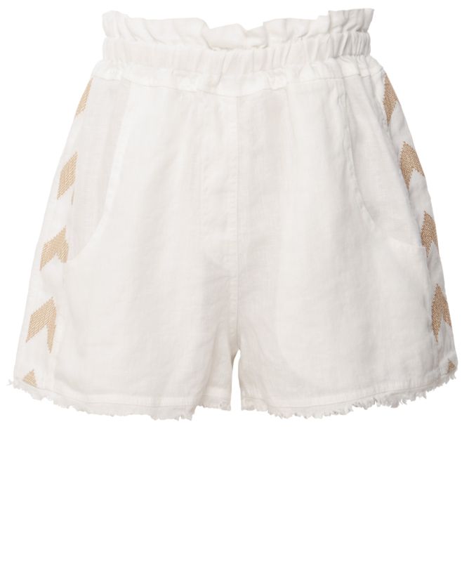 Greek Archaic Kori Linen Peacock Embroidered Shorts