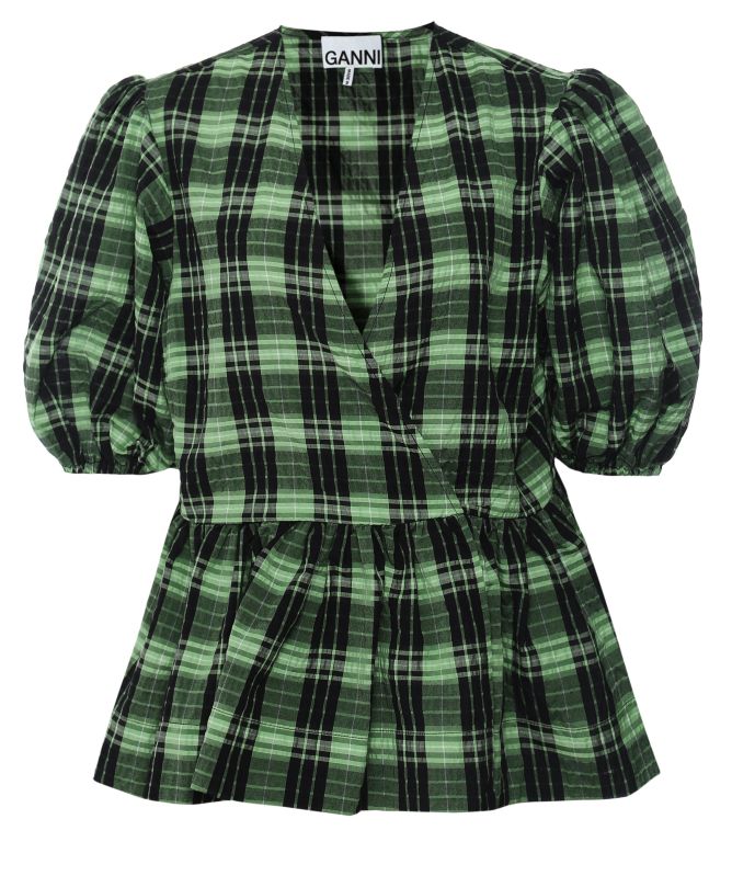 GANNI Seersucker Check Wrap Blouse