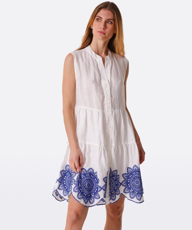 Greek Archaic Kori Linen Embroidered Daisy Sleeveless Dress