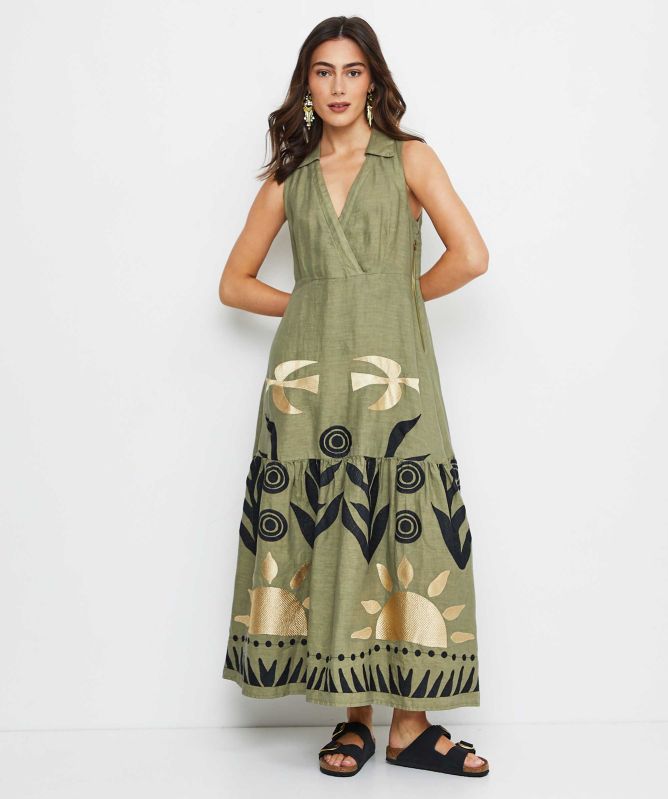 Greek Archaic Kori Embroidered Collared Dress