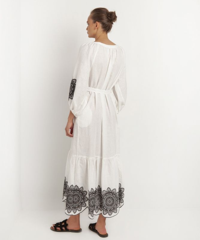 Greek Archaic Kori Linen Embroidered Daisy V-Neck Dress