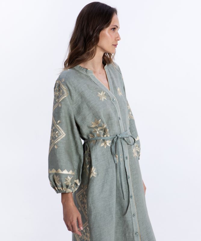 Greek Archaic Kori Lefkada Long-Sleeve Midi Dress