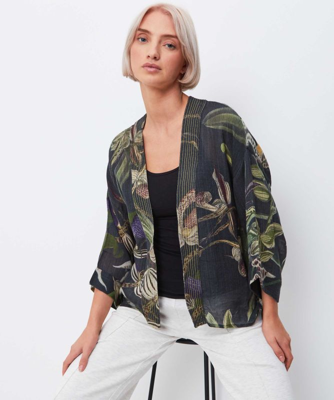 One Hundred Stars Orchid Black Wool Kimono