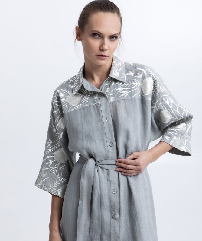 Greek Archaic Kori Blossom Embroidered Shirt Dress